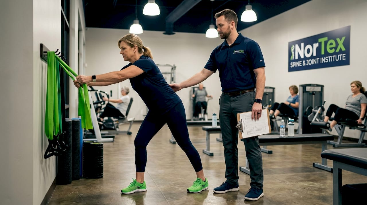 Physical therapist assists patient in rehab gym