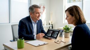 Orthopedic specialist reviewing therapy options with patient