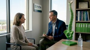 Doctor listens to patient in clinic office