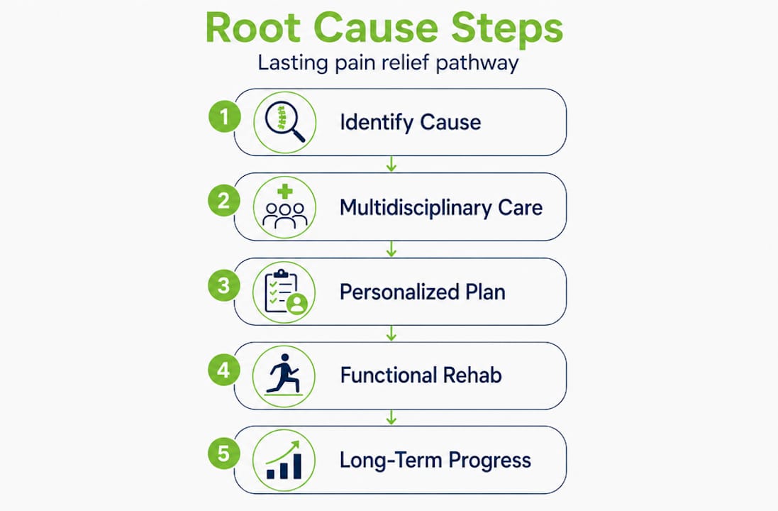 Infographic showing five steps for lasting pain relief