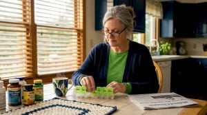 Woman organizing medications at kitchen table