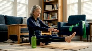 Older adult stretching on yoga mat at home