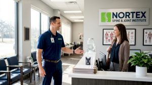 Therapist greeting patient in clinic reception