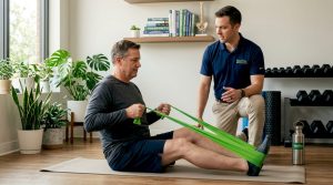 Patient stretching with therapist for joint rehab