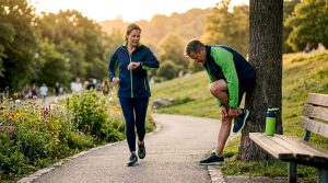 Active adults walking in sunny park