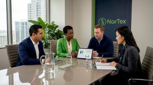 Team discussing software alternatives in an office meeting