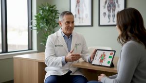 Doctor explaining muscle injection consultation