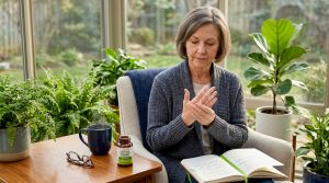 Woman massaging hands for joint discomfort