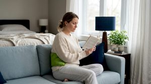 Woman using heat pad in living room