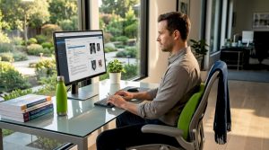 Man sitting with good posture at home office desk