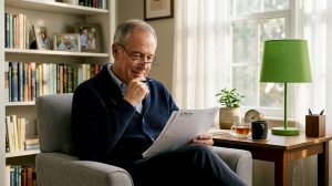 Senior man reading medical report in living room