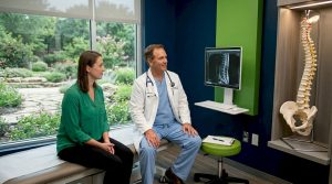Doctor and patient discuss spinal MRI in clinic