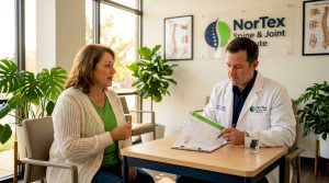 Patient consulting doctor about pain management