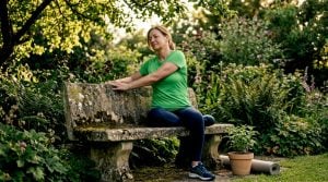 Woman stretching in sunny urban park