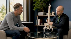 Patient consulting doctor in spine clinic office
