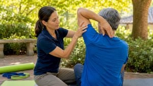 Physical therapist guiding shoulder stretching exercise