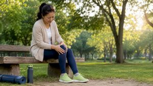 Woman massaging knee at home for osteoarthritis pain