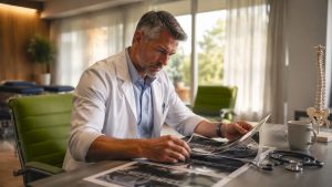 Physician reviewing spinal MRI scans at clinic desk
