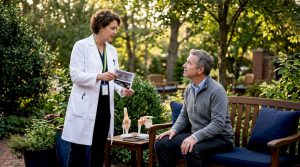 Orthopedic doctor consulting patient about joint preservation