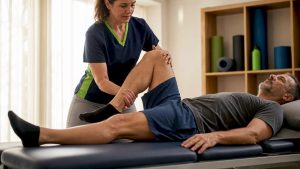 Physical therapist assisting patient leg stretch