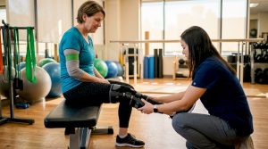 Woman undergoing knee physical therapy session