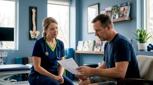Therapist consulting patient in therapy room
