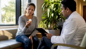 Patient reviewing opioid medication with clinician