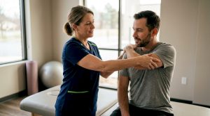 Therapist demonstrating pain relief exercise to patient