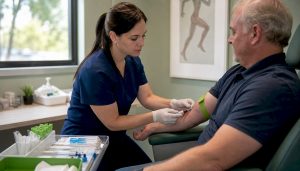 Nurse drawing blood for PRP knee therapy