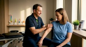 Physiotherapist examining patient's shoulder