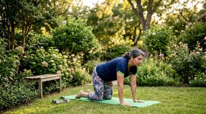 Woman doing cat-cow spine stretch on yoga mat