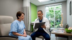 Patient consulting doctor in regenerative medicine clinic