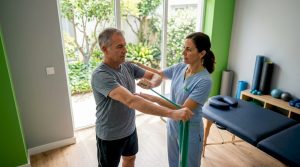 Physical therapist assisting patient with shoulder exercises