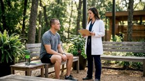 Athlete consulting doctor about regenerative medicine