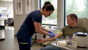 Healthcare worker drawing blood for PRP preparation