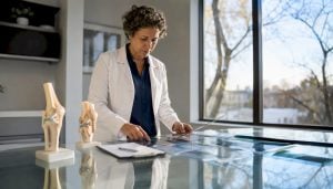 Clinician reviewing joint repair patient materials