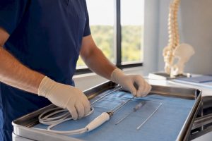 RFA needle and probe on sterile tray