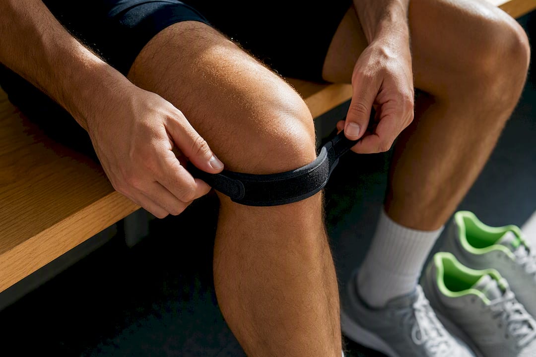 Athlete fastening a patellar tendon strap
