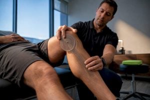 Clinician measuring knee range of motion
