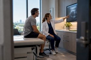 Clinician reviewing diagnostic imaging with patient