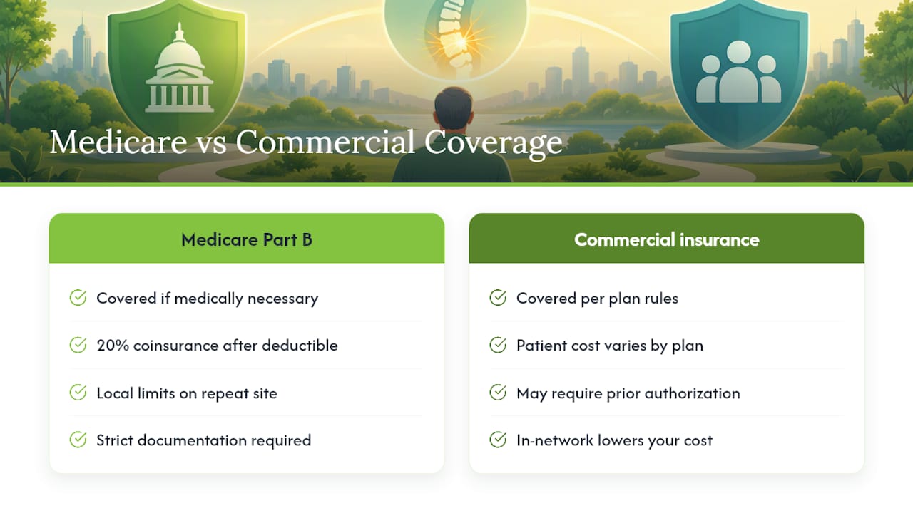 What Medicare and commercial insurance actually cover — overview diagram