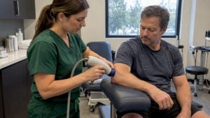 Clinician applying shockwave therapy to elbow