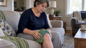 Woman applying a wrapped ice pack to knee