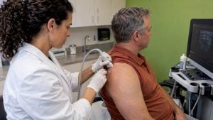 Clinician guides an ultrasound shoulder injection