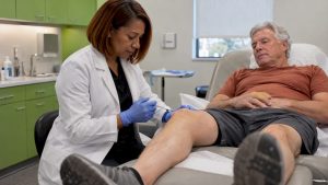 Clinician treating a patient's knee in clinic